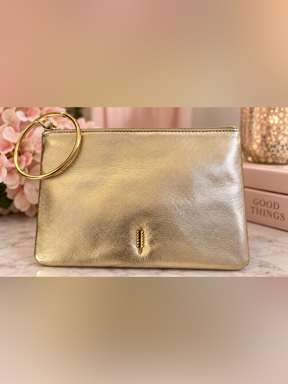 Thacker Metallic Gold Wristlet Clutch with Ring Handle